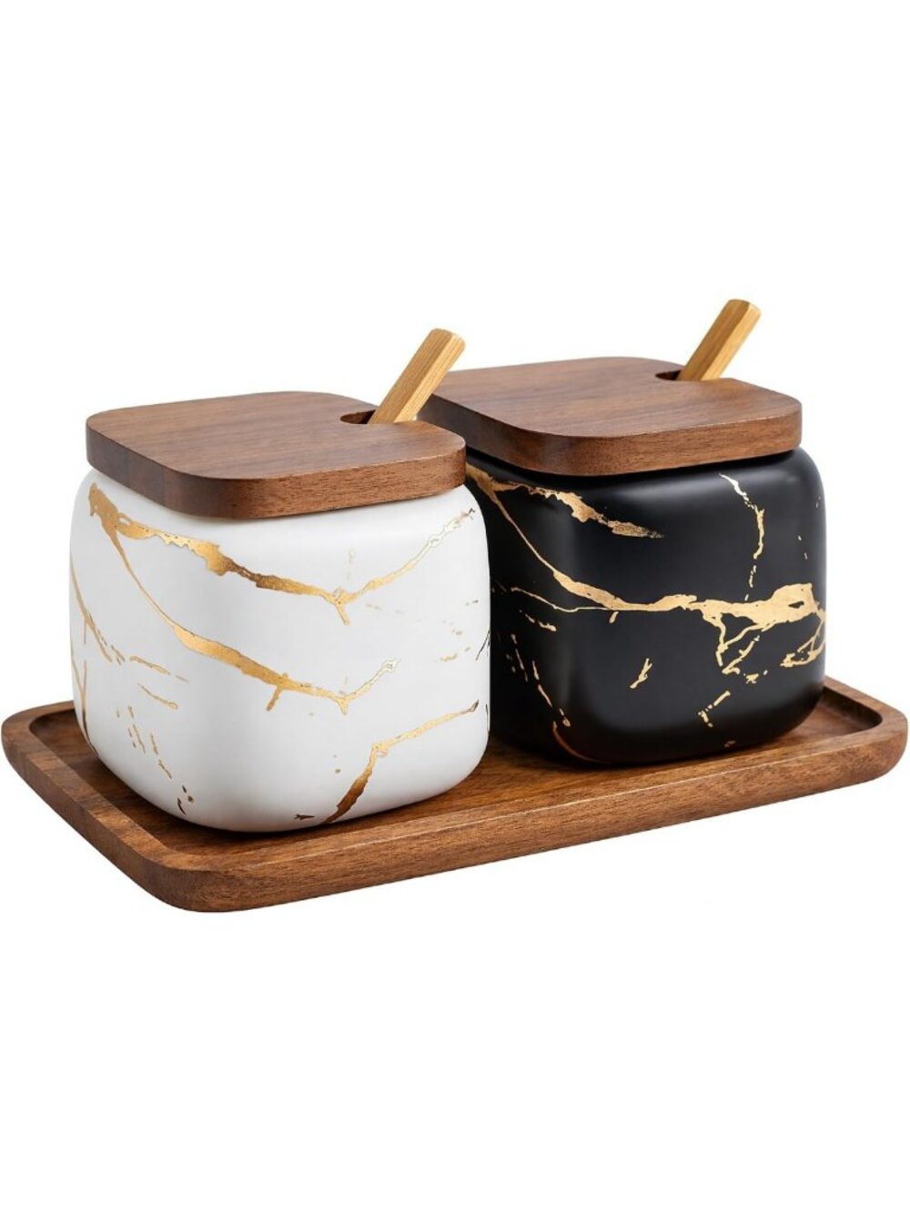 Set of 2 Marble Ceramic Sugar Bowls & Seasoning Jars with Wooden Lids & Spoons